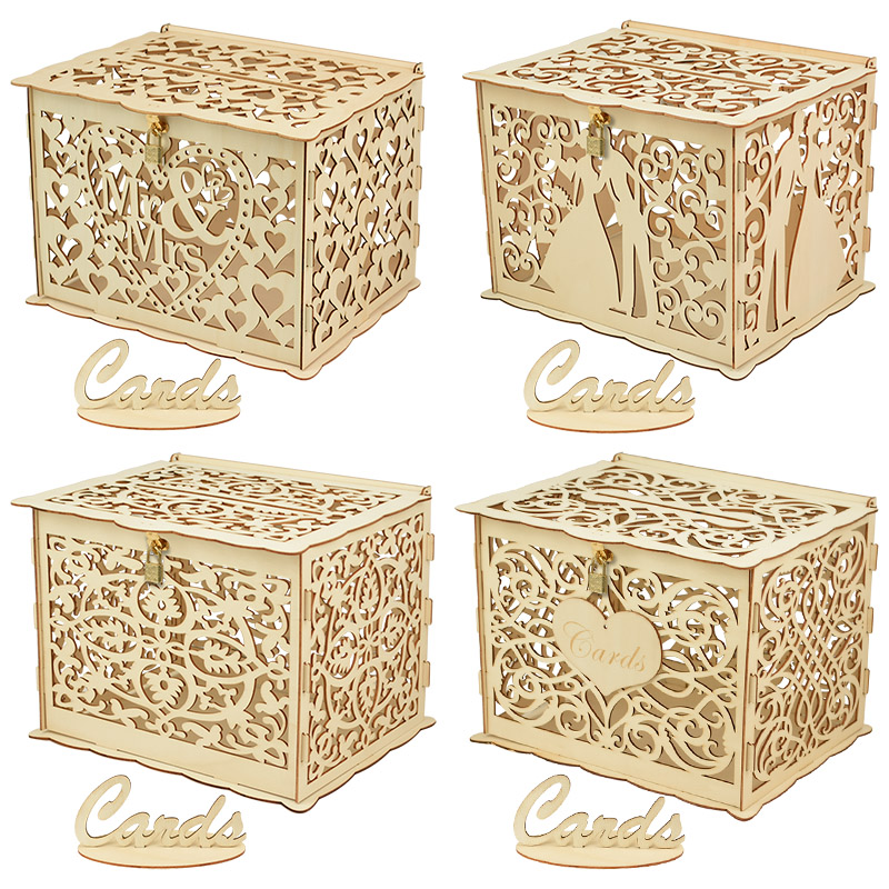 Wedding Card Box - 30X24X21cm DIY งานแต่งงานของขวัญกล่องไม้กล่องเงินล็อคตกแต่งงานแต่งงานที่สวยงาม Birthday Party Supplies