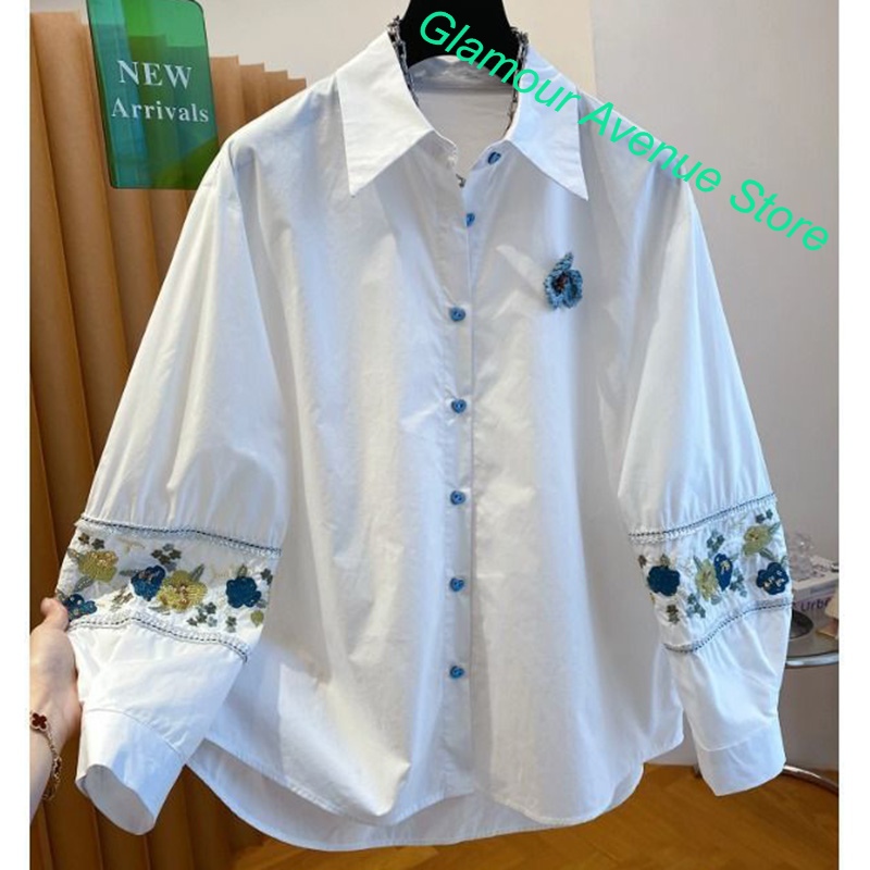 Good Floral & Wedding Decor Supply Photos - เสื้อเชิ้ตปักลายสีขาวคุณภาพสูงสไตล์ฝรั่งเศส สำหรับผู้หญิง ใส่ได้ทั้งฤดูร้อนและฤดูใบไม้ร่วง ทรงหลวม ดูดีมาก ปุ่มติดเสื้อสวย