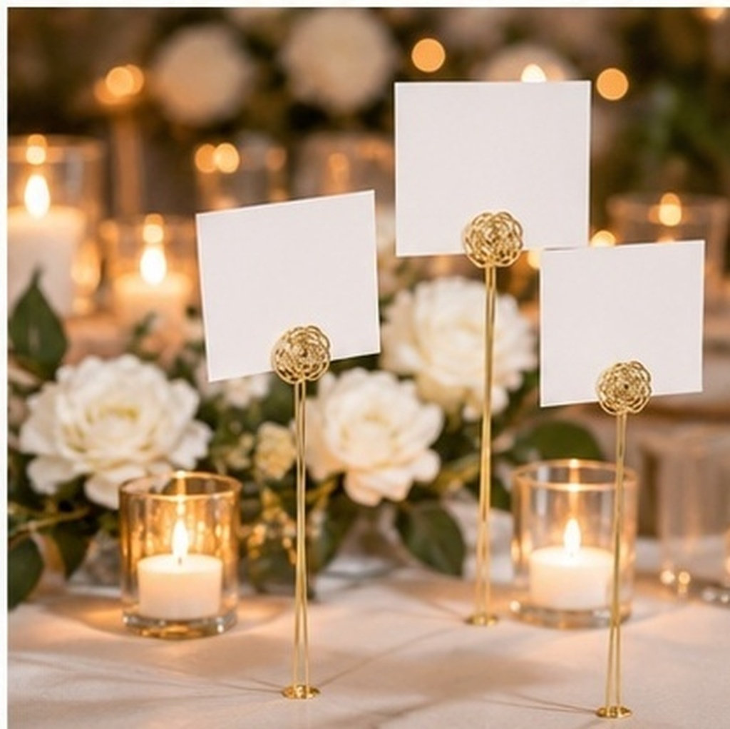 Table Number Gold - 30 ชิ้น ที่หนีบการ์ดลายดอกไม้สีทองหรูหรา แท่งลวดโลหะ ขนาด 13