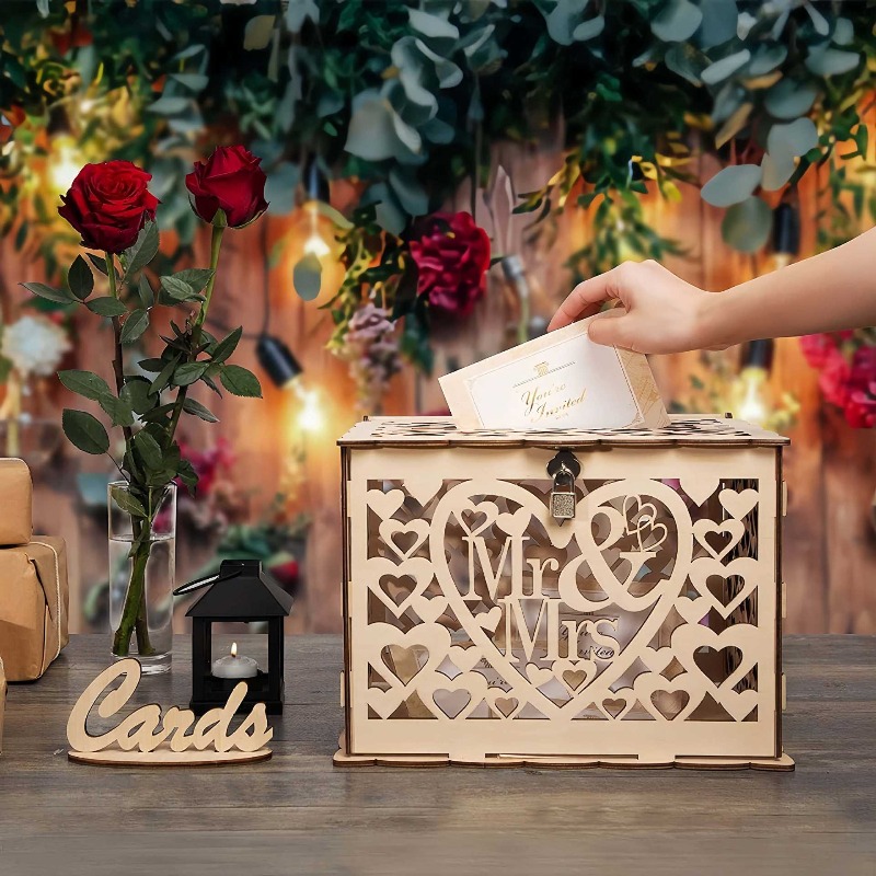 Wedding Card Box - ชุดทำเองจากไม้ คุณและคุณนาย กล่องของขวัญงานแต่งงาน - ที่ใส่บัตรอเนกประสงค์พร้อมช่องใส่เงิน ที่เก็บจดหมาย