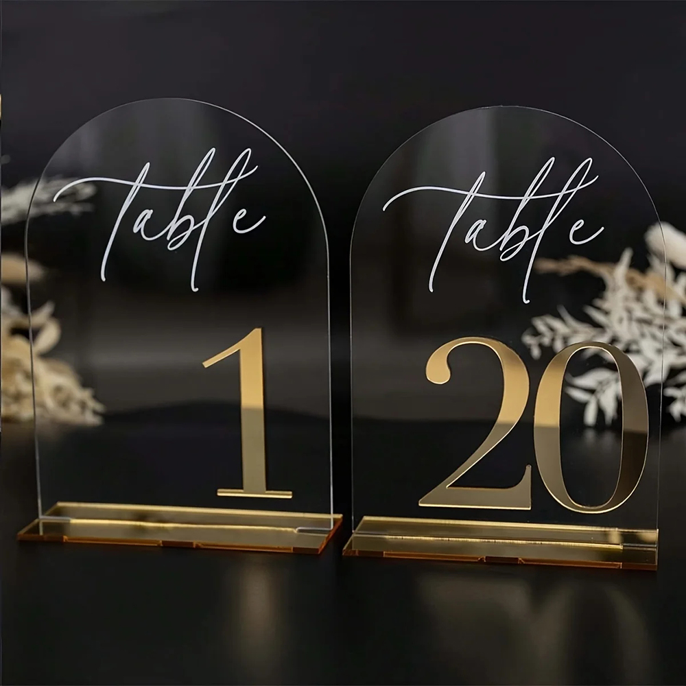 Table Number Gold - ป้ายเลขโต๊ะอะคริลิคใสและสีทองแบบกำหนดเอง 1 และ 10 ชิ้น พร้อมขาตั้ง