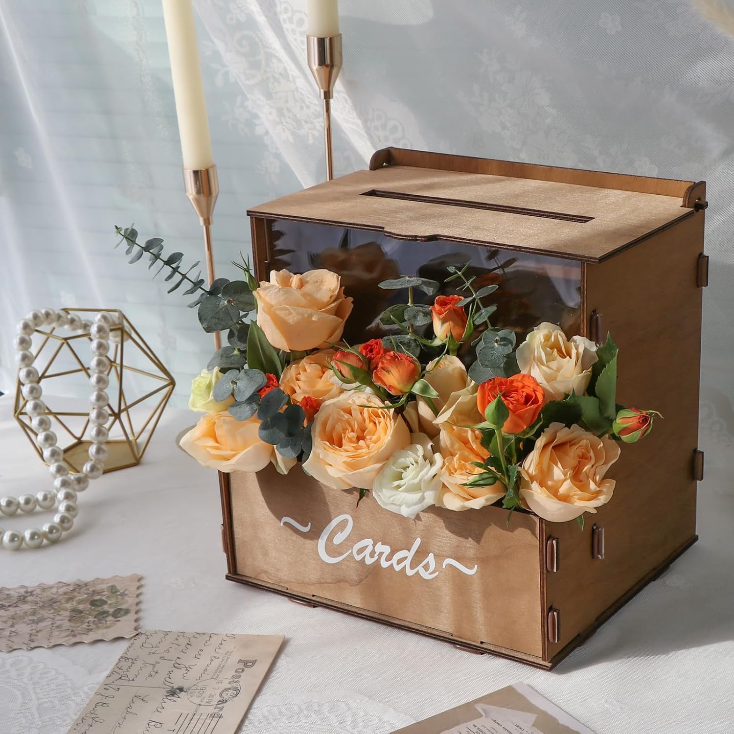 Wedding Card Box - กล่องใส่การ์ดแต่งงานไม้พร้อมรางดอกไม้ กล่องใส่การ์ดของขวัญสีน้ำตาลสำหรับงานแต่งงาน กล่องใส่การ์ดสำหรับงานเลี้ยง ของตกแต่งงานแต่งงานสไตล์เรียบง่ายสำหรับงานปาร์ตี้